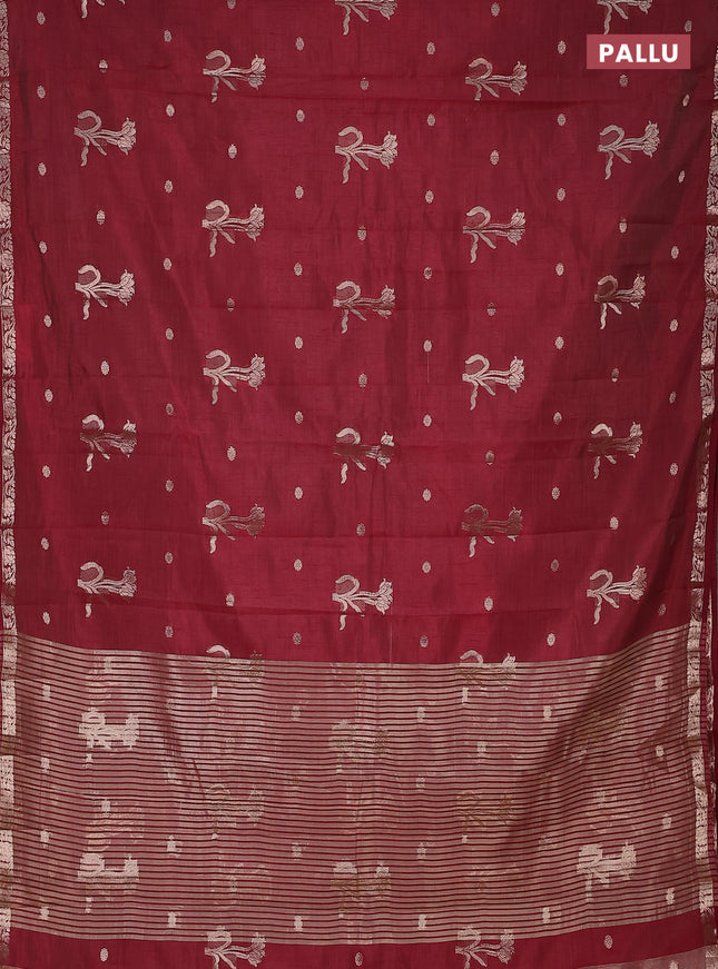 Semi raw silk saree maroon with zari woven floral buttas and small zari woven border