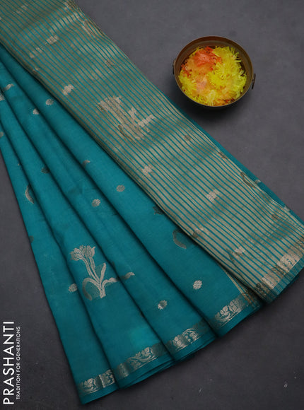 Semi raw silk saree teal green with zari woven floral buttas and small zari woven border