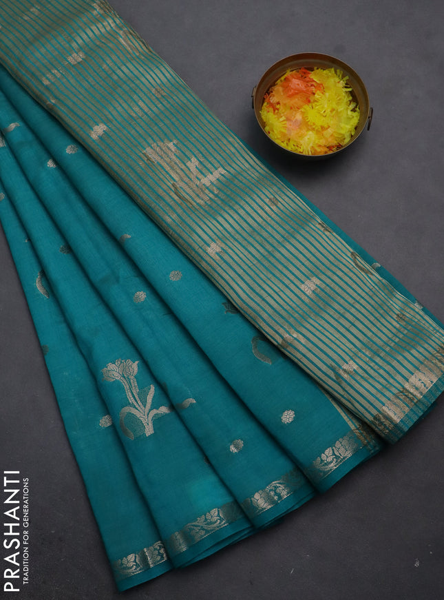Semi raw silk saree teal green with zari woven floral buttas and small zari woven border