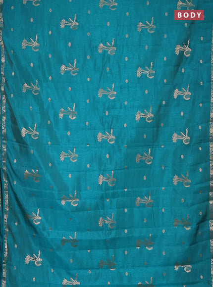 Semi raw silk saree teal green with zari woven floral buttas and small zari woven border