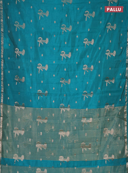 Semi raw silk saree teal green with zari woven floral buttas and small zari woven border
