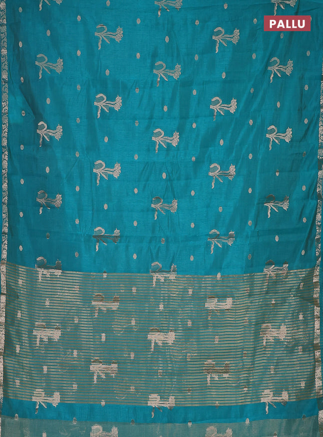 Semi raw silk saree teal green with zari woven floral buttas and small zari woven border