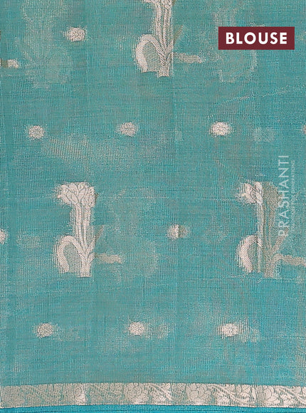 Semi raw silk saree teal green with zari woven floral buttas and small zari woven border