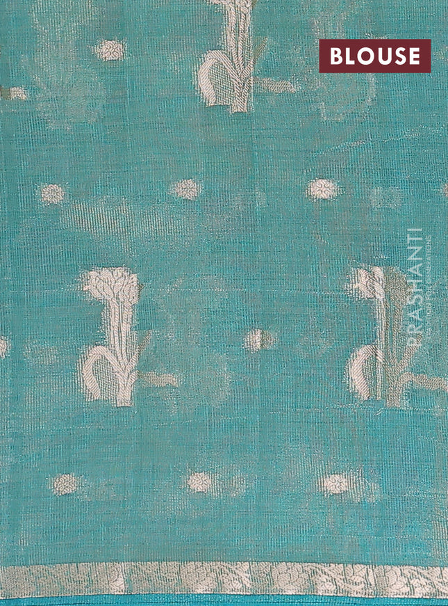 Semi raw silk saree teal green with zari woven floral buttas and small zari woven border