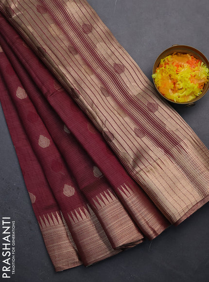 Semi raw silk saree wine shade with thread & zari woven buttas and temple design zari woven border