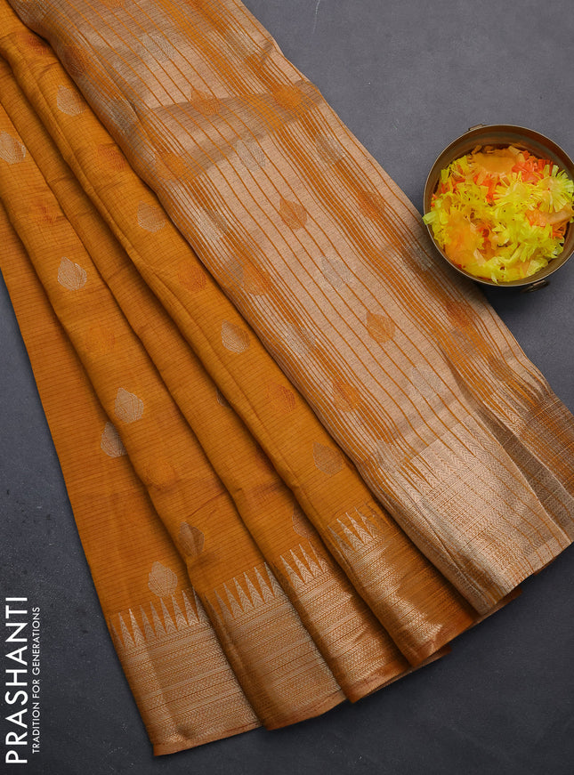 Semi raw silk saree mustard yellow with thread & zari woven buttas and temple design zari woven border