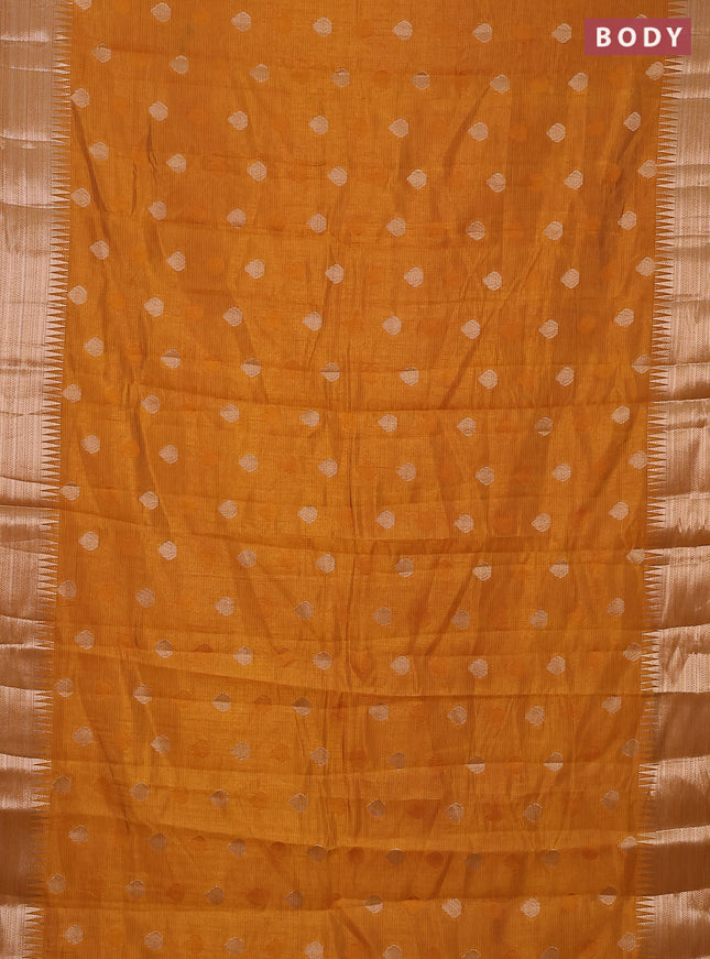 Semi raw silk saree mustard yellow with thread & zari woven buttas and temple design zari woven border
