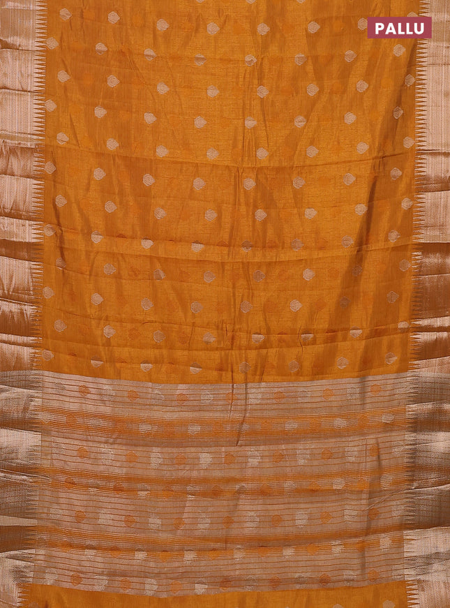 Semi raw silk saree mustard yellow with thread & zari woven buttas and temple design zari woven border