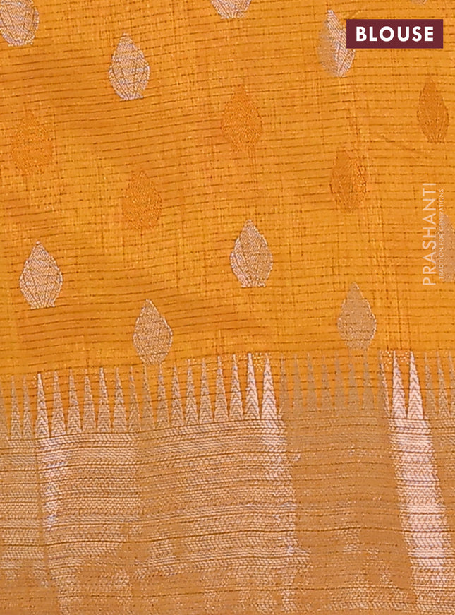 Semi raw silk saree mustard yellow with thread & zari woven buttas and temple design zari woven border