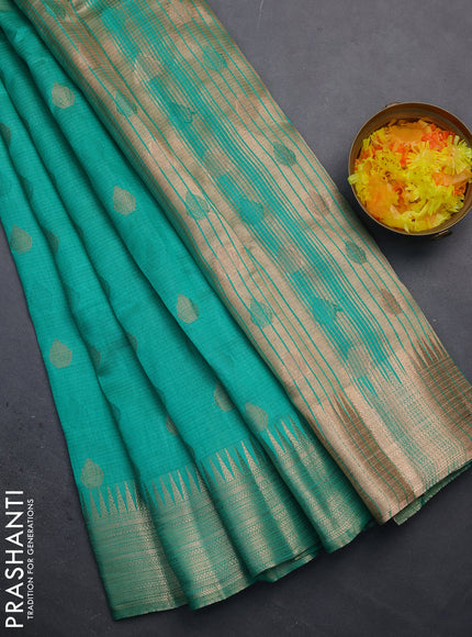 Semi raw silk saree teal green with thread & zari woven buttas and temple design zari woven border