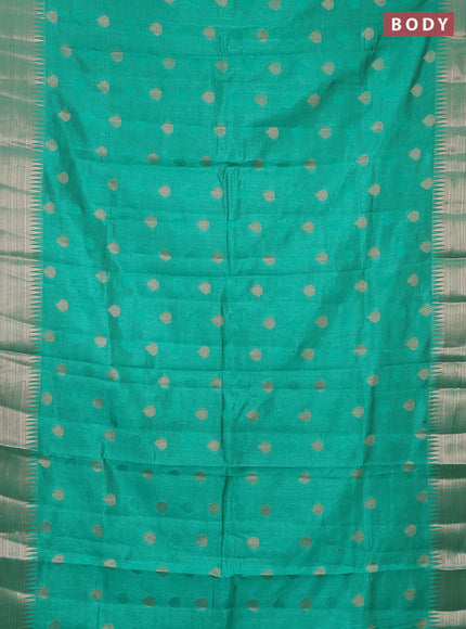 Semi raw silk saree teal green with thread & zari woven buttas and temple design zari woven border