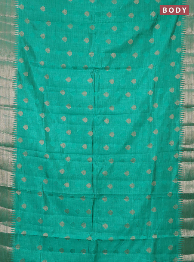 Semi raw silk saree teal green with thread & zari woven buttas and temple design zari woven border