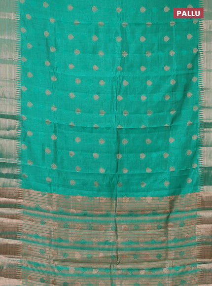 Semi raw silk saree teal green with thread & zari woven buttas and temple design zari woven border
