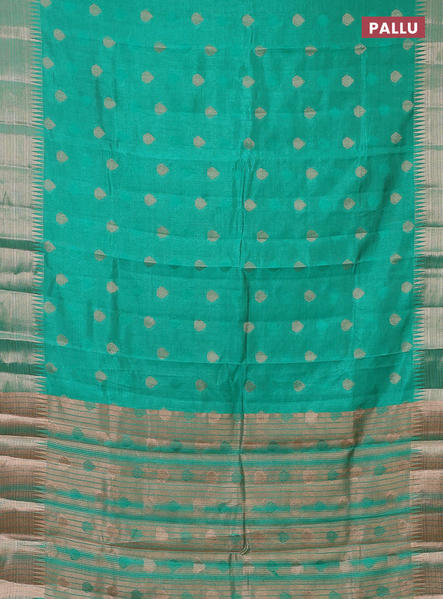 Semi raw silk saree teal green with thread & zari woven buttas and temple design zari woven border