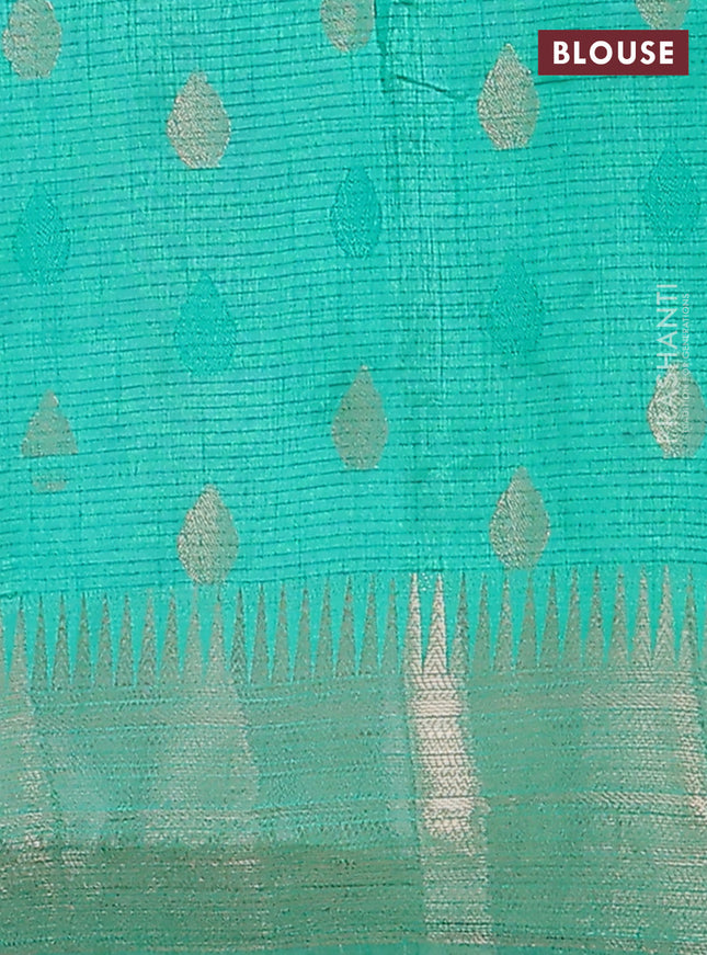 Semi raw silk saree teal green with thread & zari woven buttas and temple design zari woven border