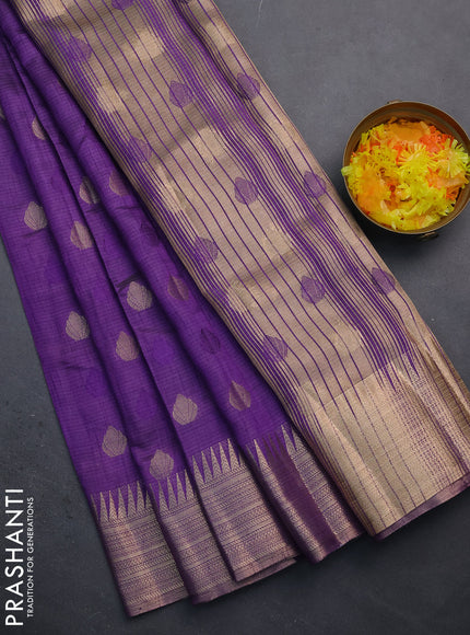 Semi raw silk saree violet with thread & zari woven buttas and temple design zari woven border