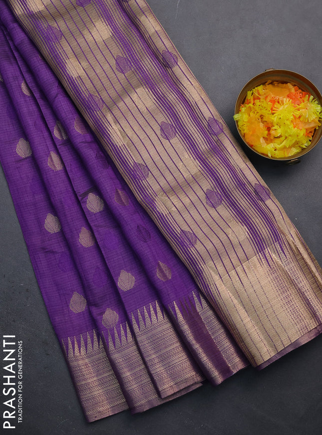 Semi raw silk saree violet with thread & zari woven buttas and temple design zari woven border