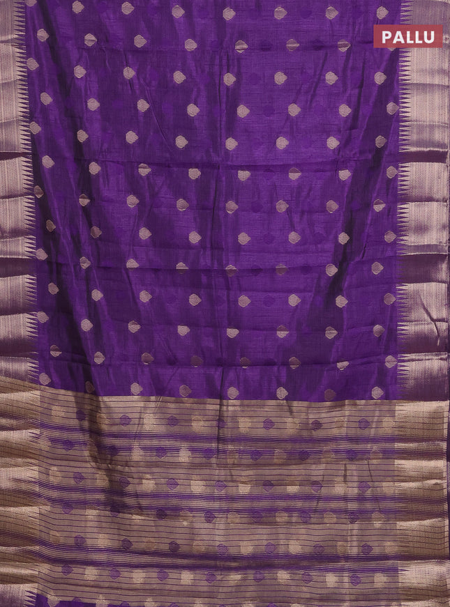 Semi raw silk saree violet with thread & zari woven buttas and temple design zari woven border