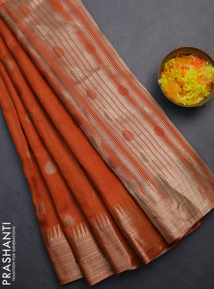 Semi raw silk saree rustic orange with thread & zari woven buttas and temple design zari woven border