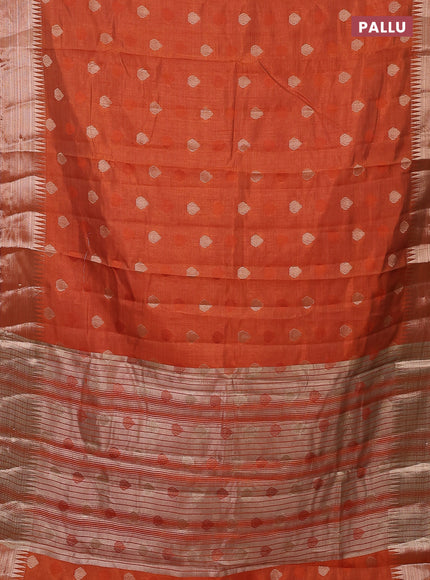 Semi raw silk saree rustic orange with thread & zari woven buttas and temple design zari woven border