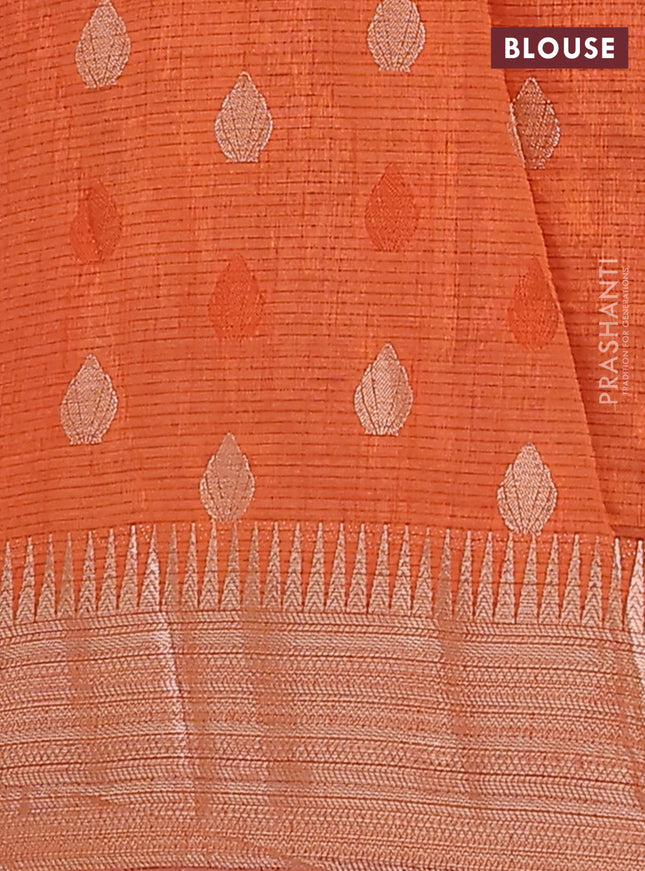 Semi raw silk saree rustic orange with thread & zari woven buttas and temple design zari woven border