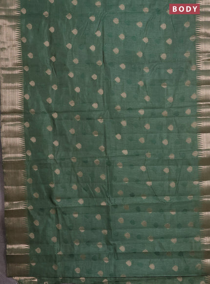 Semi raw silk saree green shade with thread & zari woven buttas and temple design zari woven border