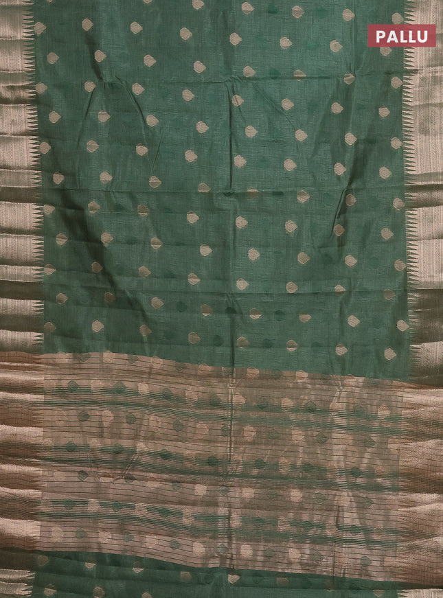 Semi raw silk saree green shade with thread & zari woven buttas and temple design zari woven border