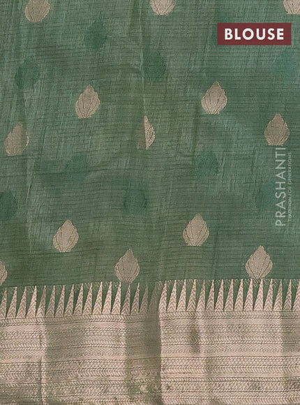Semi raw silk saree green shade with thread & zari woven buttas and temple design zari woven border