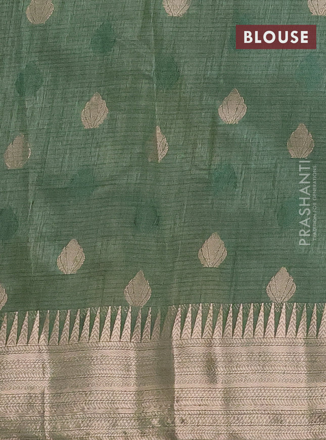 Semi raw silk saree green shade with thread & zari woven buttas and temple design zari woven border