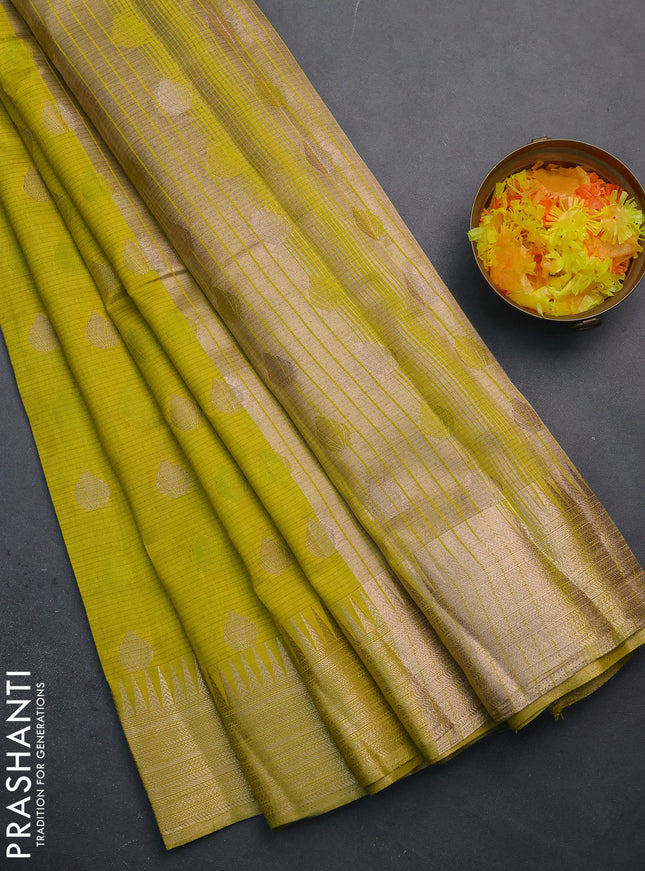 Semi raw silk saree lime yellow with thread & zari woven buttas and temple design zari woven border