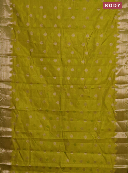 Semi raw silk saree lime yellow with thread & zari woven buttas and temple design zari woven border