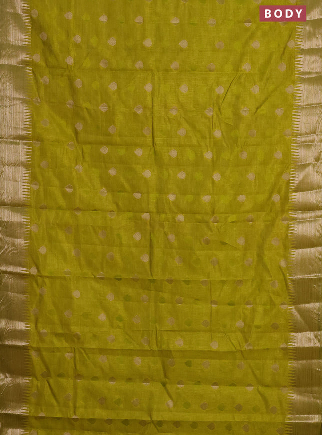 Semi raw silk saree lime yellow with thread & zari woven buttas and temple design zari woven border