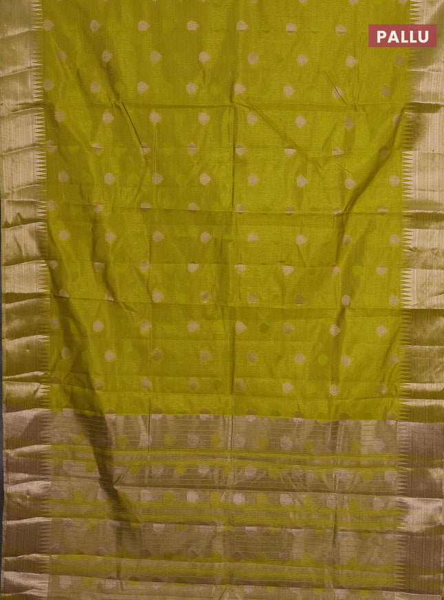 Semi raw silk saree lime yellow with thread & zari woven buttas and temple design zari woven border