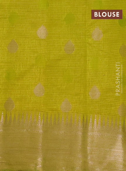 Semi raw silk saree lime yellow with thread & zari woven buttas and temple design zari woven border