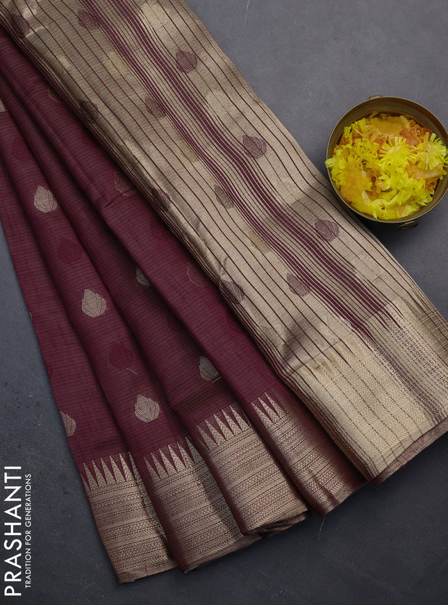 Semi raw silk saree wine shade with thread & zari woven buttas and temple design zari woven border