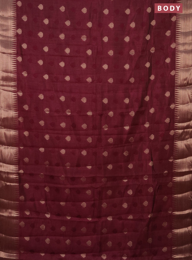 Semi raw silk saree wine shade with thread & zari woven buttas and temple design zari woven border