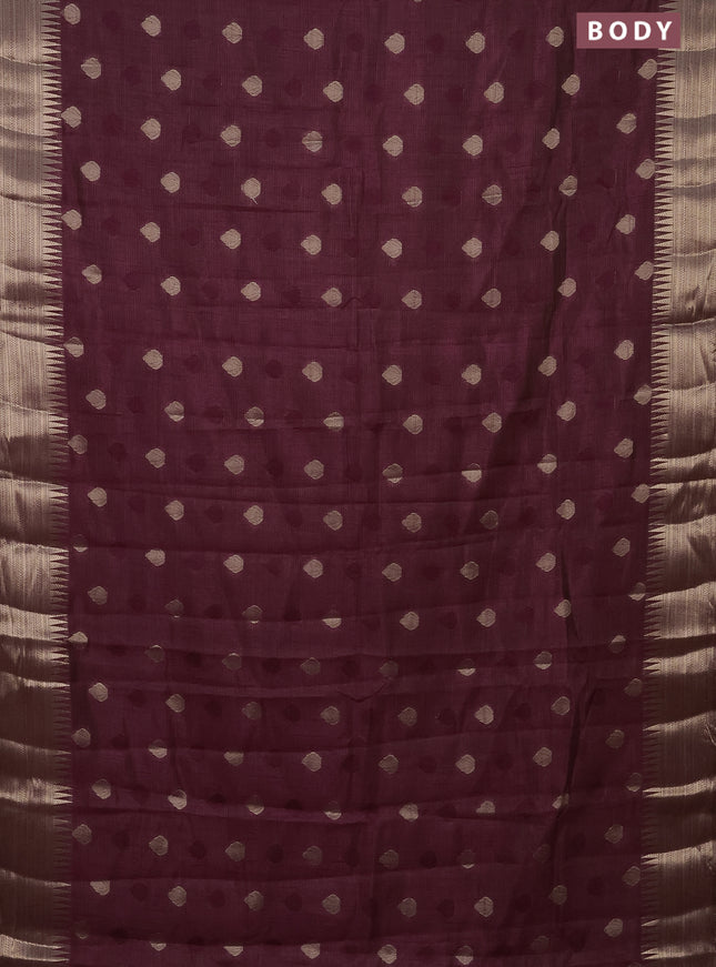 Semi raw silk saree wine shade with thread & zari woven buttas and temple design zari woven border