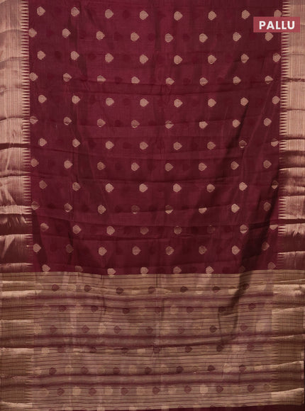 Semi raw silk saree wine shade with thread & zari woven buttas and temple design zari woven border
