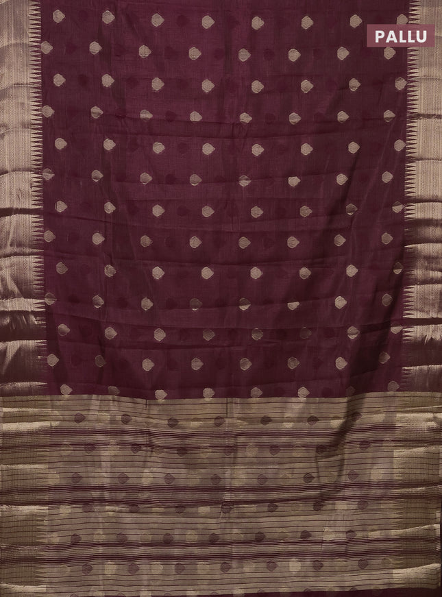 Semi raw silk saree wine shade with thread & zari woven buttas and temple design zari woven border