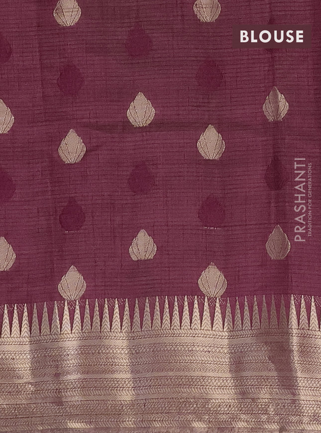 Semi raw silk saree wine shade with thread & zari woven buttas and temple design zari woven border