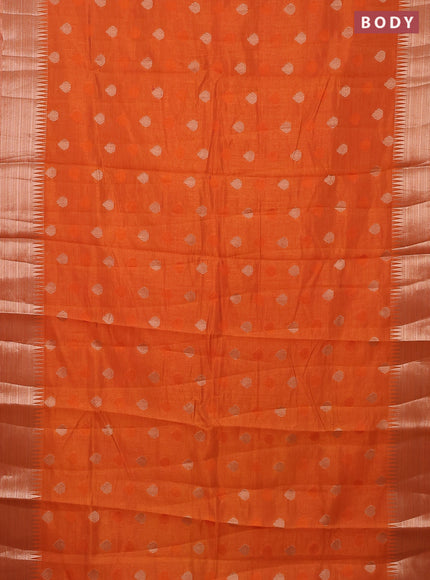 Semi raw silk saree orange with thread & zari woven buttas and temple design zari woven border