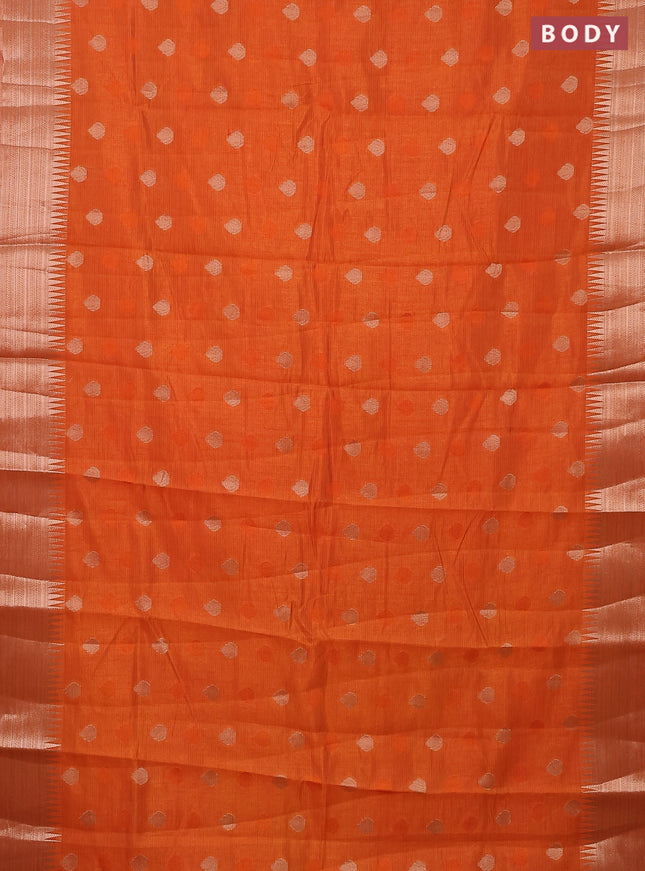 Semi raw silk saree orange with thread & zari woven buttas and temple design zari woven border