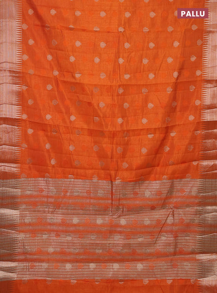 Semi raw silk saree orange with thread & zari woven buttas and temple design zari woven border