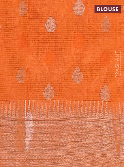 Semi raw silk saree orange with thread & zari woven buttas and temple design zari woven border