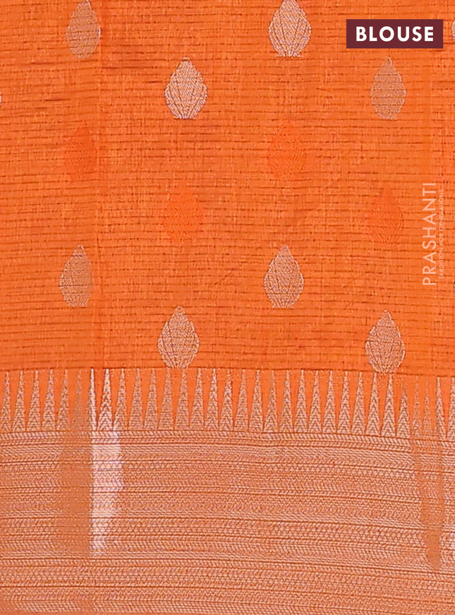 Semi raw silk saree orange with thread & zari woven buttas and temple design zari woven border