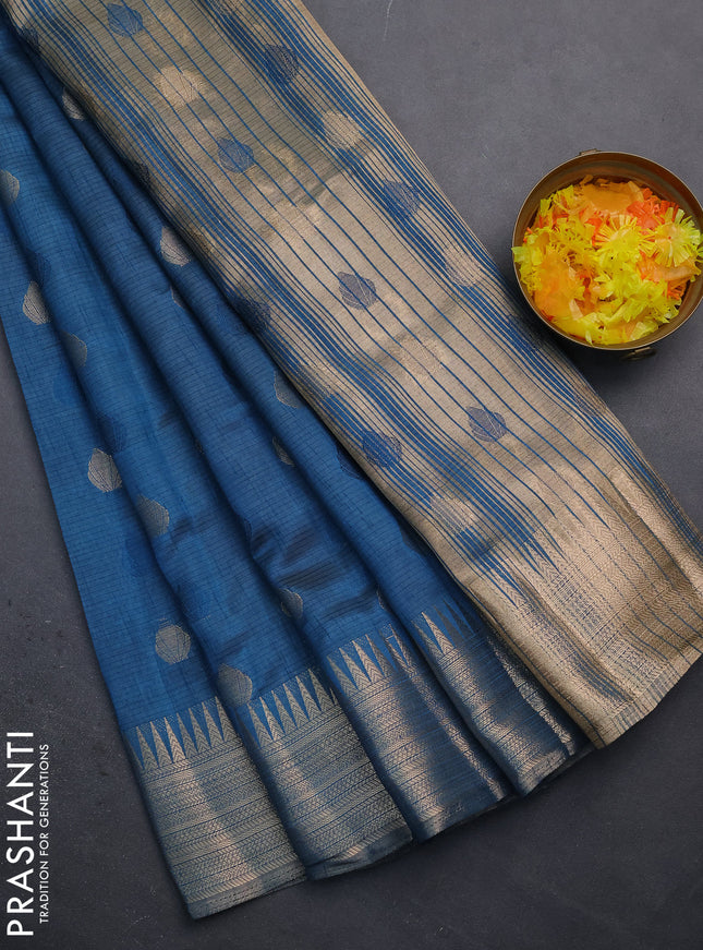 Semi raw silk saree peacock blue with thread & zari woven buttas and temple design zari woven border