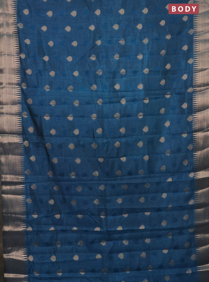 Semi raw silk saree peacock blue with thread & zari woven buttas and temple design zari woven border