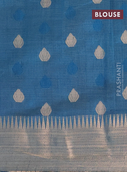 Semi raw silk saree peacock blue with thread & zari woven buttas and temple design zari woven border