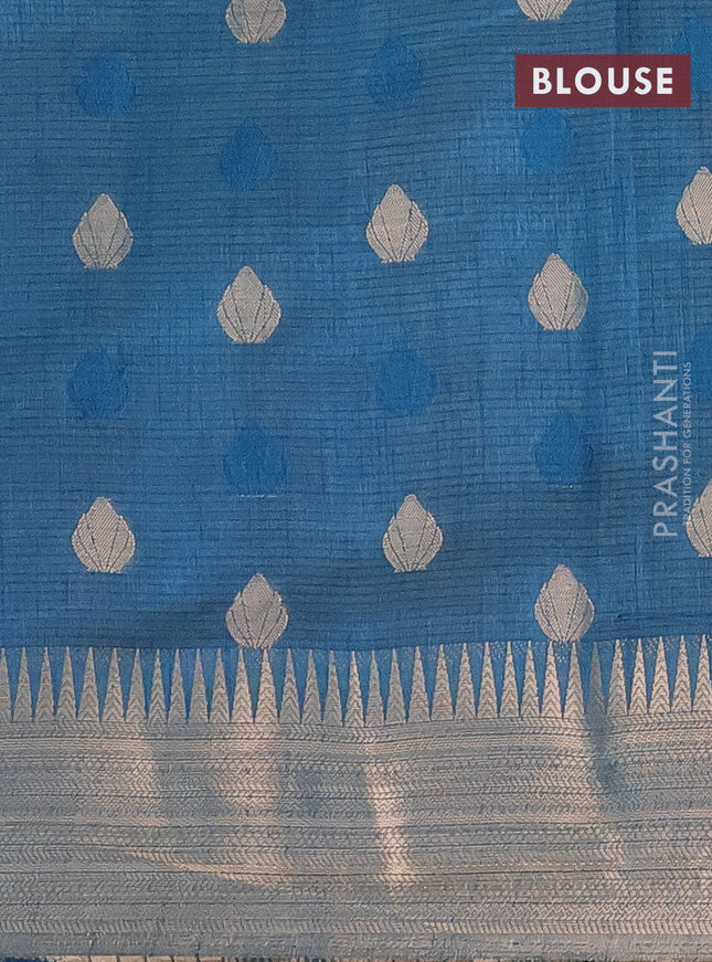 Semi raw silk saree peacock blue with thread & zari woven buttas and temple design zari woven border