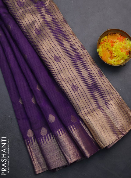 Semi raw silk saree violet with thread & zari woven buttas and temple design zari woven border